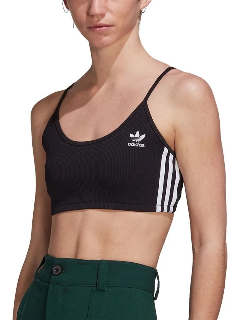 adidas Black Ribbed Crop Bralette with White Three Stripes